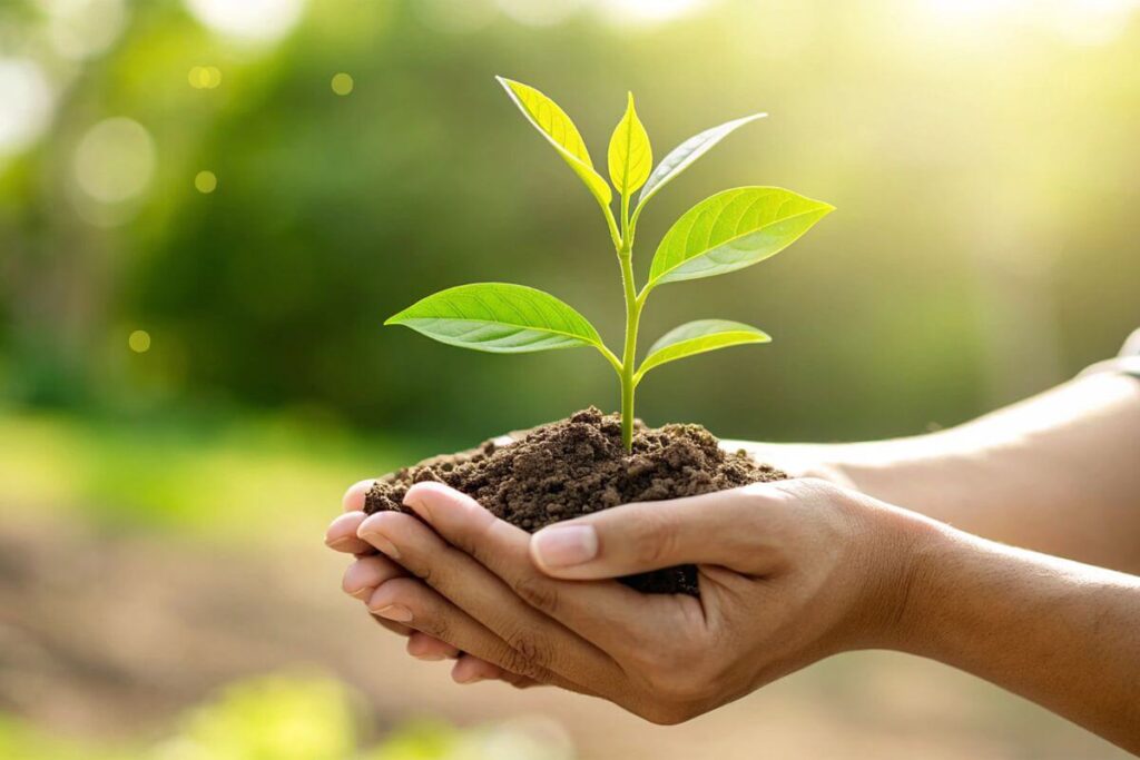 Mãos segurando muda de planta. A esperança que Deus responde nossas orações