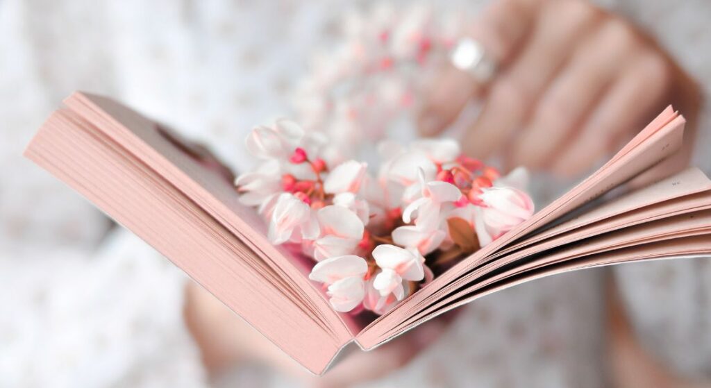 Livro rosa aberto com flores, simbolizando o forte vínculo queune mãe e filha