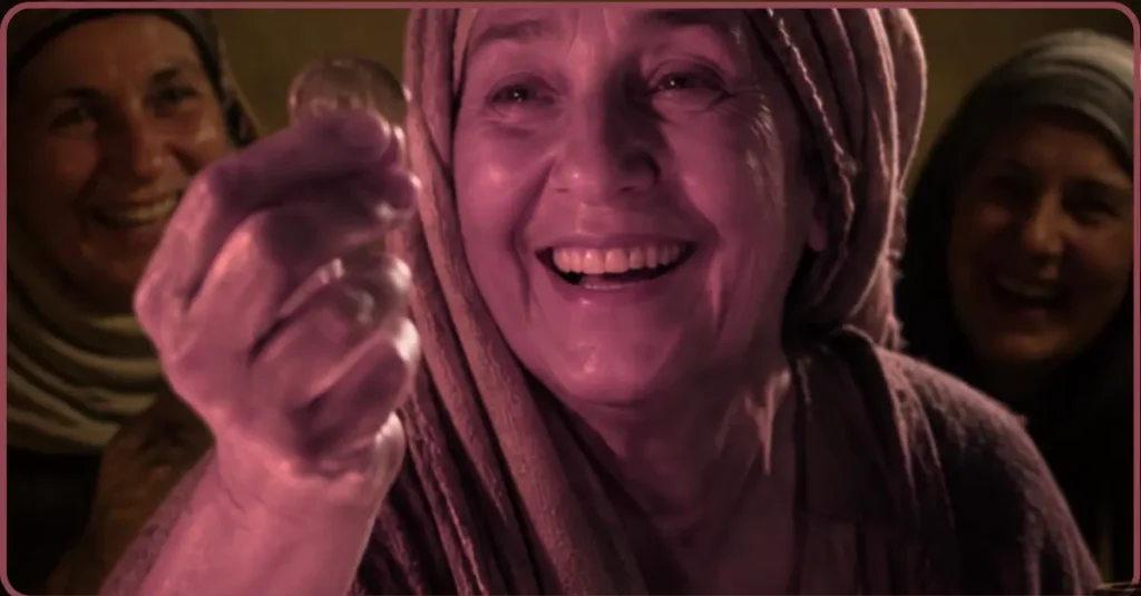 Mulher feliz ao encontrar sua dracma